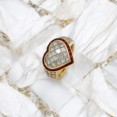 Wempe Herz Ring mi 2,37ct TW-IF Diamant + 1,20ct Rubin 750/18K Gelbgold Gr. 50