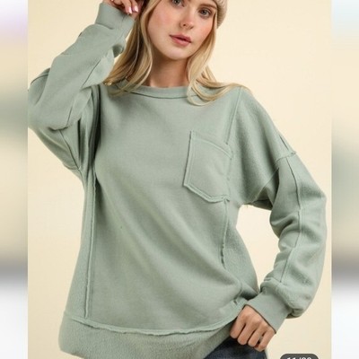 New In Boutique Sage Contrast French Terry Knit Oversized Casual Top NWT M