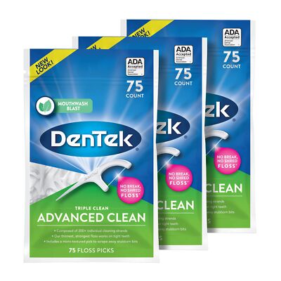 DenTek Triple Clean Advanced Clean Floss Picks, No Break/Shred 75 Count, 3 Pack
