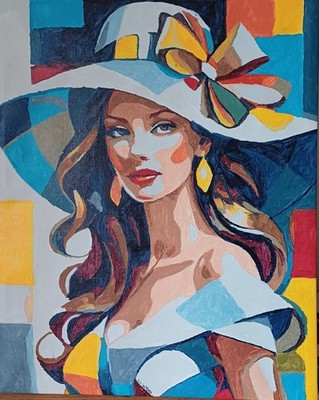 Handgemalte Acryl Leinwand ''Dame im Hut'' 40cm x 50cm gerahmt