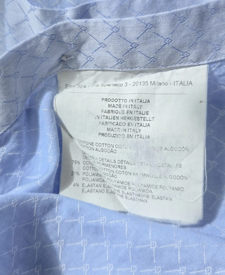 Camisa ETRO Milano Para Hombre Talla 43 Azul Manga Larga Abotonada Hecha en Italia Diseñador Foto 3 de 4