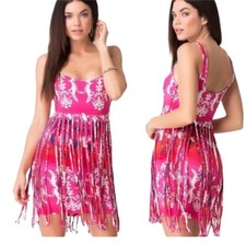 BEBE fringed light pink jersey party going out Moroccan sleeveless print dress S