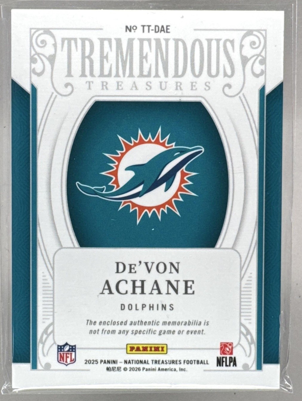 De'Von Achane 2025 National Treasures #TT-DAE NFL Shield Tremendous Patch 1/1 view 2
