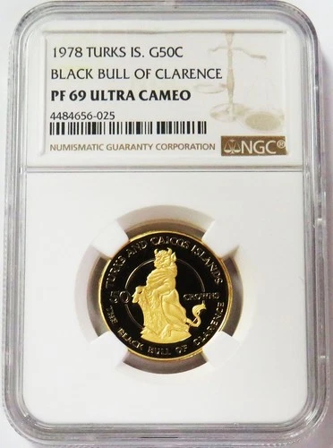 1978 GOLD TURKS & CAICOS 261 MINTED 50 CROWNS BLACK BULL OF CLARENCE NGC PF 69UC