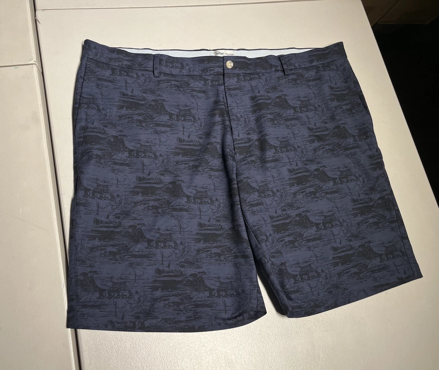 Peter Millar Shorts Men's 44 Blue Print Crown Sport Golf Performance Polyester
