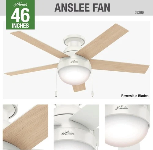 46 Inch Indoor Ceiling Fan with LED Light, Anslee 59269, White, Pull Chain - Picture 2 of 12