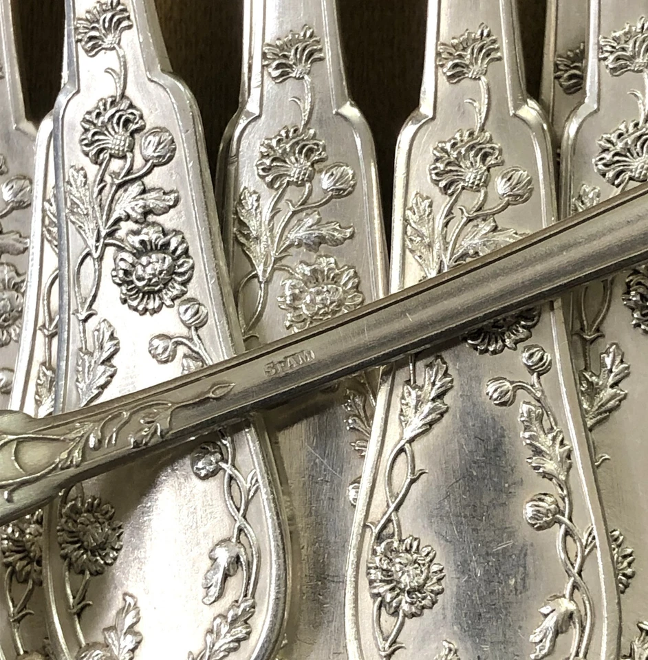 12 couverts à entremet ART NOUVEAU métal argenté SFAM modèle CHRYSANTHEMES 19 cm - Photo 3/4