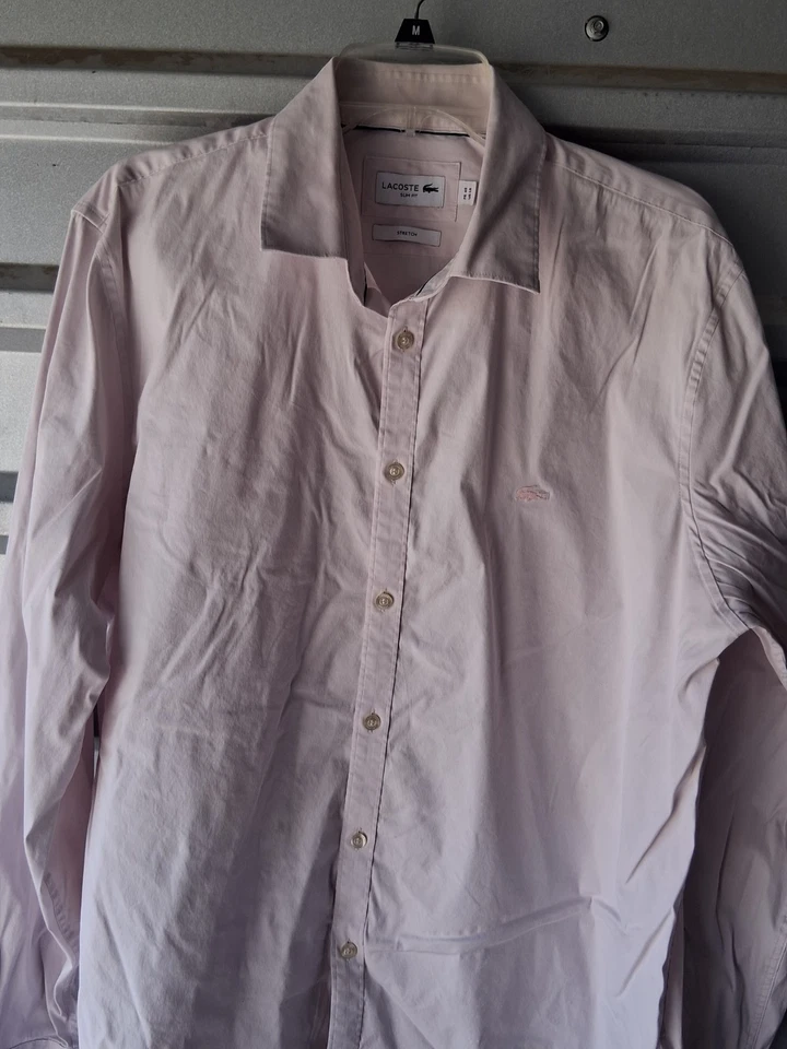 Camisa Lacoste Manga Larga Calce Ajustado Con Botones Talla 18 Rosa Logo Preppy Elastizada Foto 2 de 4