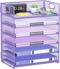 Purple Paper Organizer for Desk with Handle, 6-Tier Metal Mesh File Organizer | 