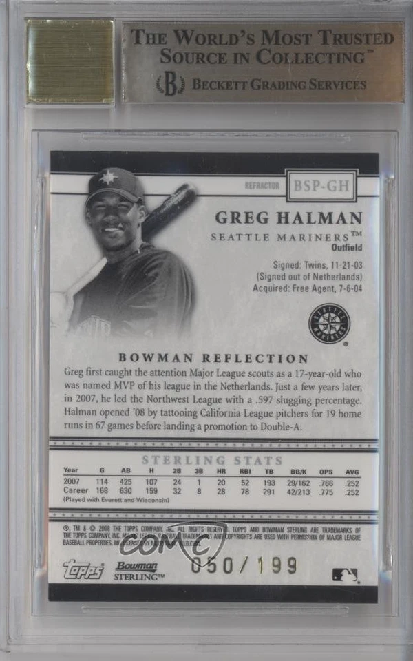 2008 Bowman Sterling Prospects Refractor /199 Greg Halman BGS 9.5 GEM MINT Auto - Image 2 of 2