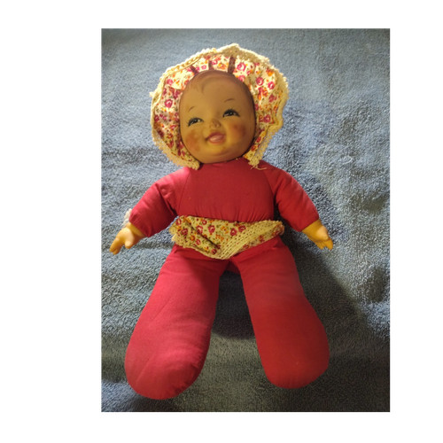 Vintage Rag & Cloth Doll Red Outfit Floral Bonnet Cloth Plastic Single Piece