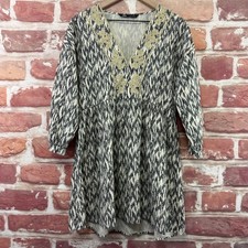 Zara Dress Womens XS Black Cream Boho Abstract Embroidered Beaded Casual