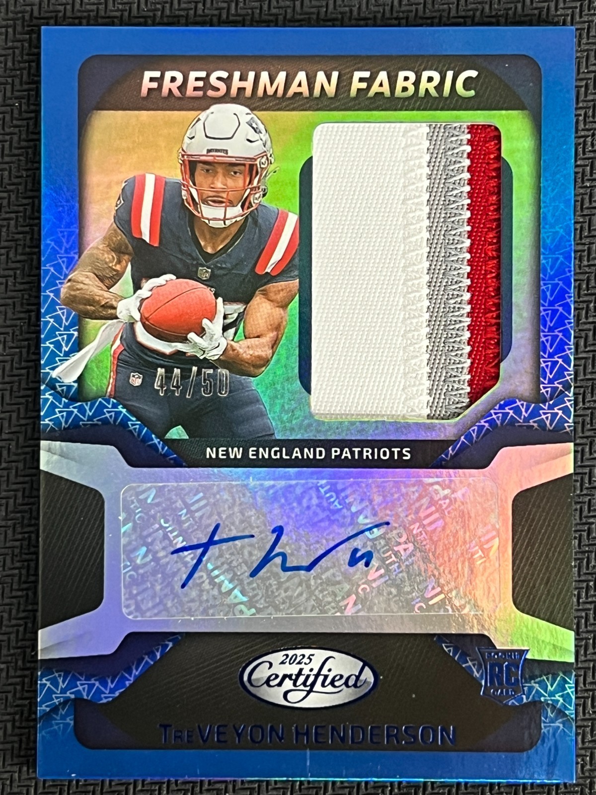 2025 Certified Freshman Fabric Blue TreVeyon Henderson RC Rookie Patch Auto /50