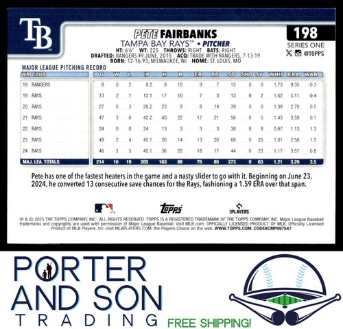 Pete Fairbanks 2025 Topps Series 1 #198 Tampa Bay Rays Baseball Card - Picture 2 of 2