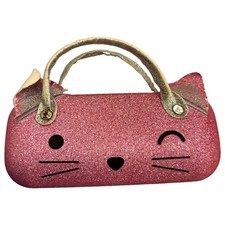 Pink Glitter Cat Hard Shell Eyeglass Case w/ Handle, Lightweight Portable