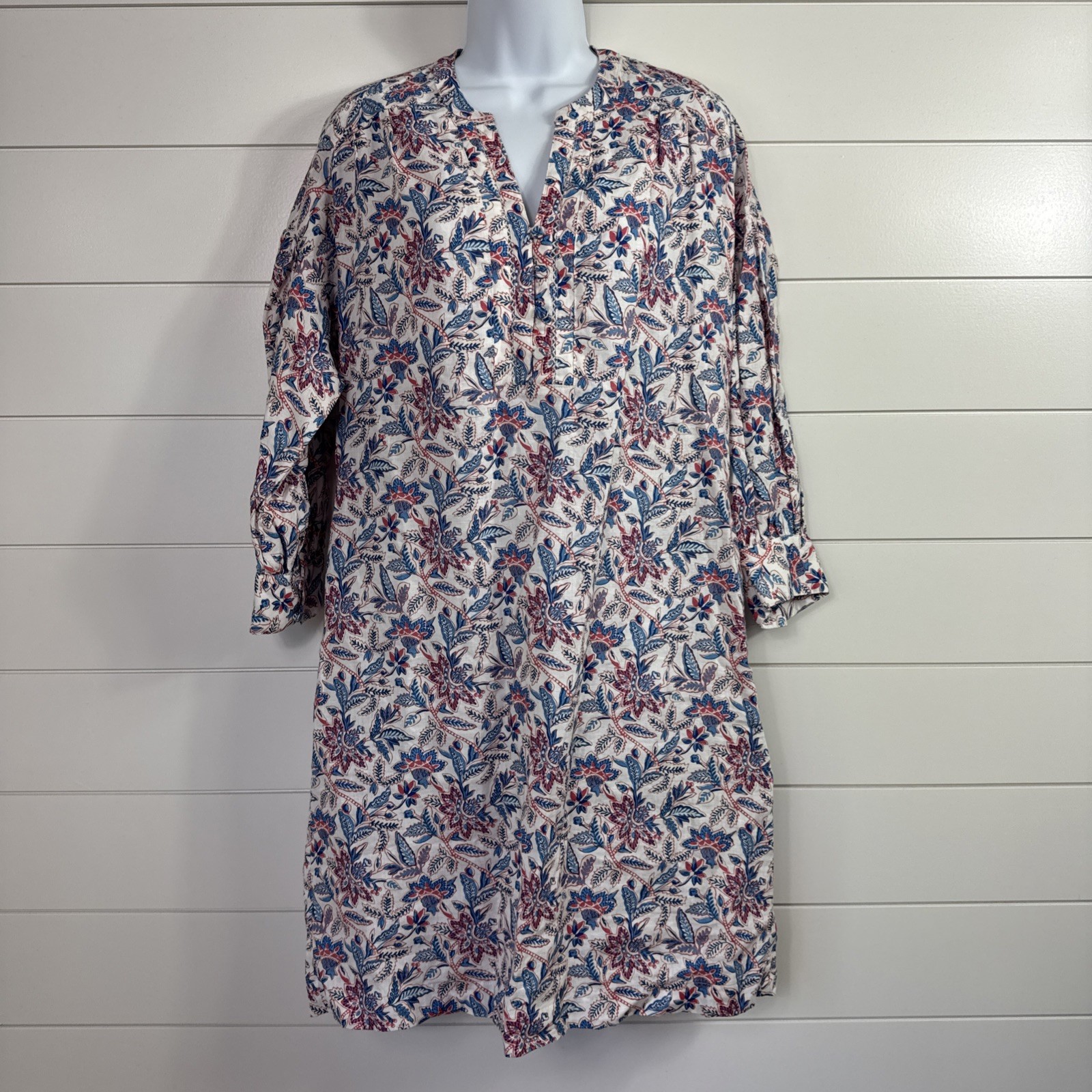 J. McLaughlin Nylee Linen Shift Dress 3/4 Sleeve Bloomsbury Floral White sz M