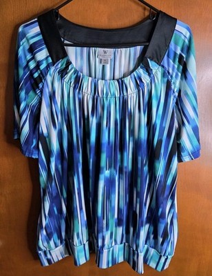 Worthington Short Sleeve Blouse Size 2XL Blue, Teal Abstract Stripes Round Neck