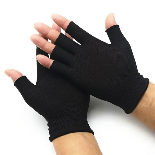 1 Pair Black Nylon Fingerless Gloves, Elastic Universal Fit Knit Fabric Half Fin - Picture 7 of 10