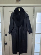 Vtg Greg Bell Womans Full Length Black Leather Coat  Real Fox Fur Shawl Collar M