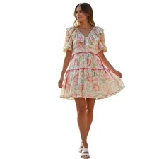 TCEC Sweet Peony Dress Floral Cream Ruffle Boho Dress Velvet Tie Size M