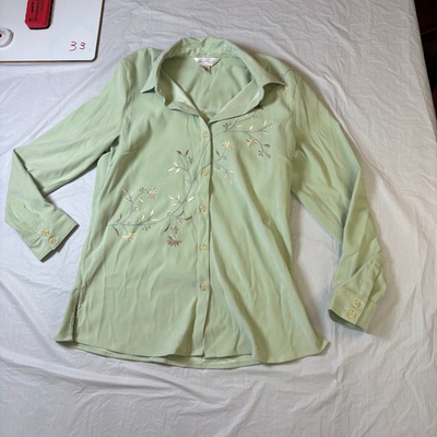 #ad VTG Northern Reflections Green Floral Embroidered Button Up Shirt Women M M $11.25