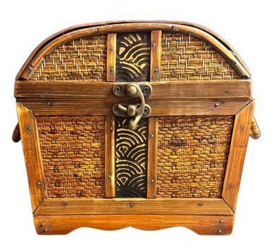 Vintage Style Wooden Rattan Chest Asian Jewelry Box Rustic Boho Storage Trunk