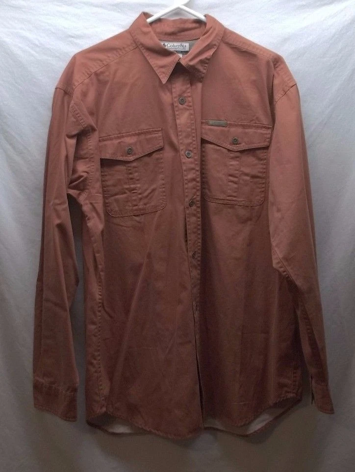 Men's Columbia Large L Button Down Solid Orange Shirt Outdoors LS Pockets EUC