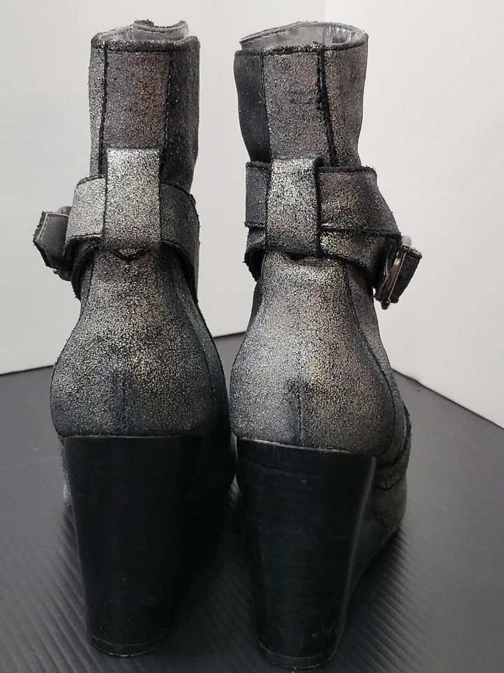 Botas de cuña Colin Stuart cuero envejecido plata negro gris correas hebilla talla 6 Foto 3 de 4