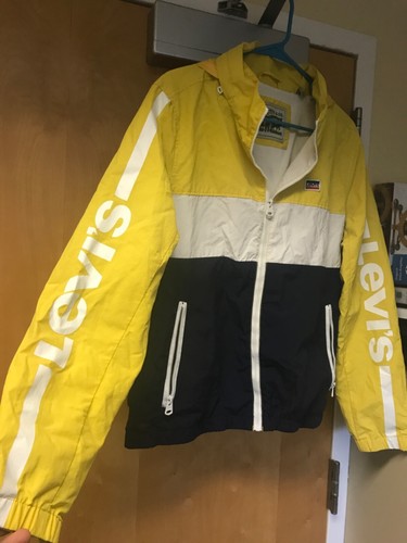 Levi's Mens Small Lightweight Retro Windbreaker Jacket Yellow Packable Hood - Picture 2 of 4