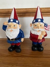 PATRIOTIC 7.5 inch 4TH OF JULY SET of 2 STANDING GNOMES SALUTING  HOLDING FLAG