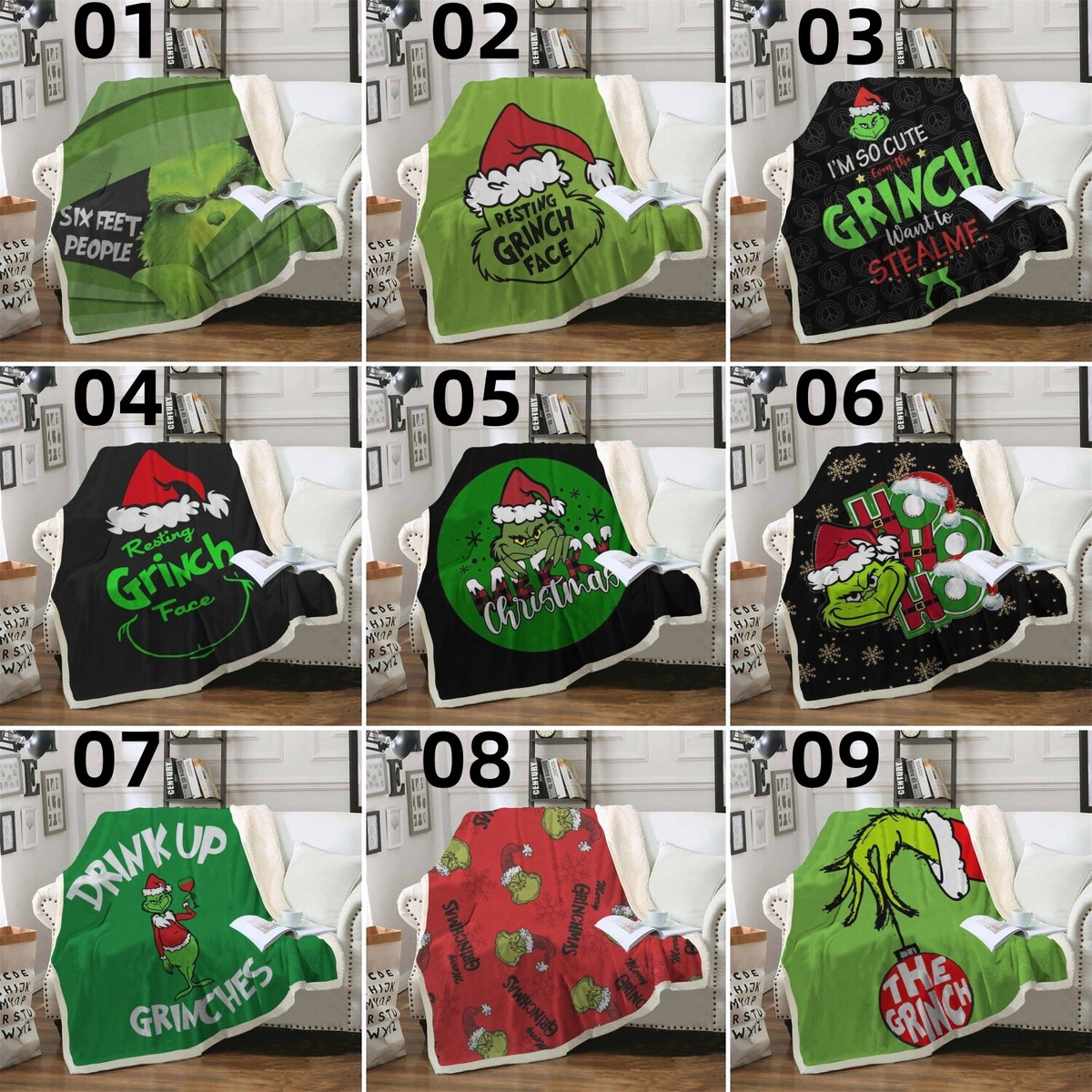 Manta de sofá cama doble individual The Grinch de piel sintética polar suave cálida Sherpa