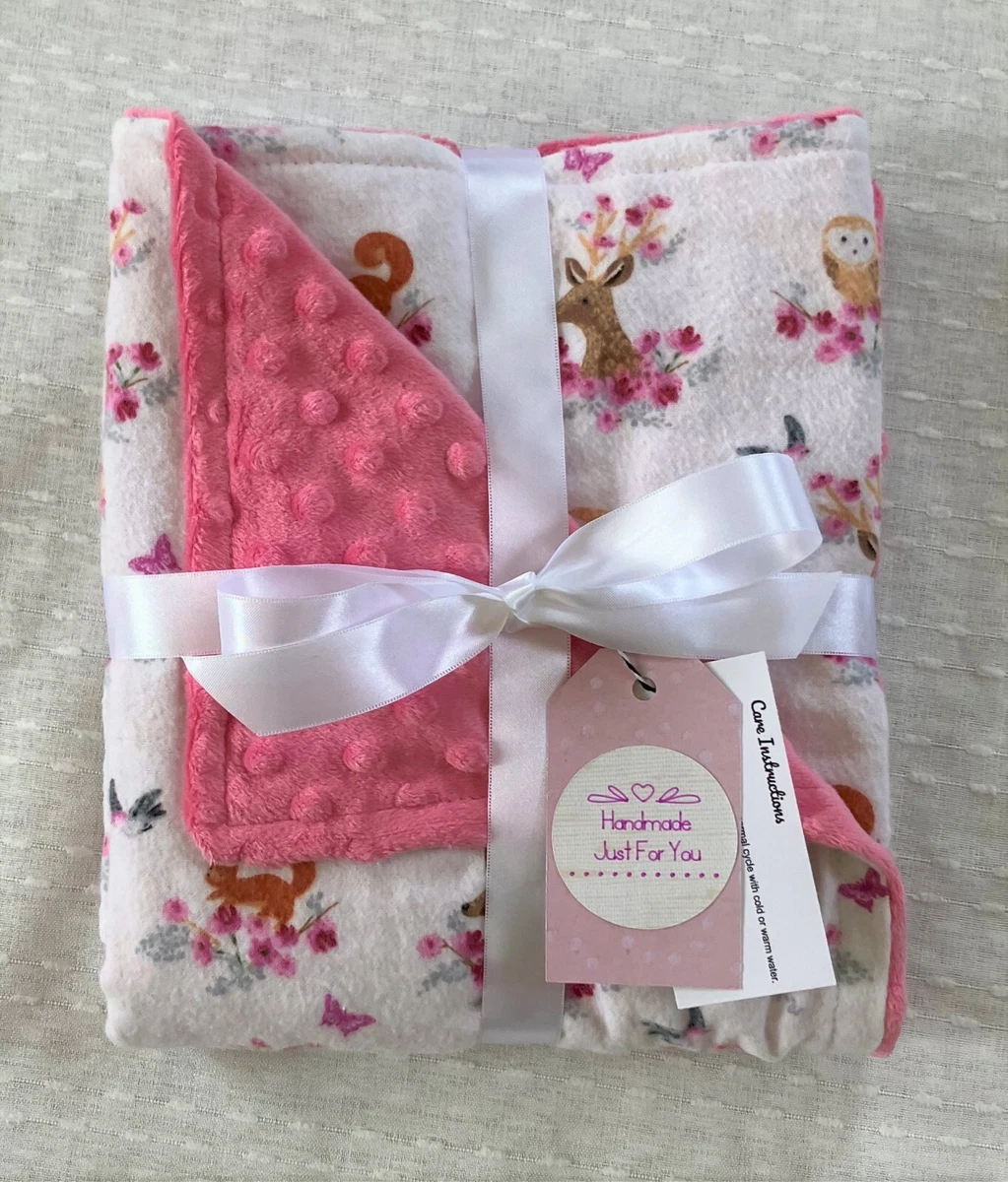Baby Gift Blanket Woodland Animals Minky PINK Deer Girl Shower Present Handmade