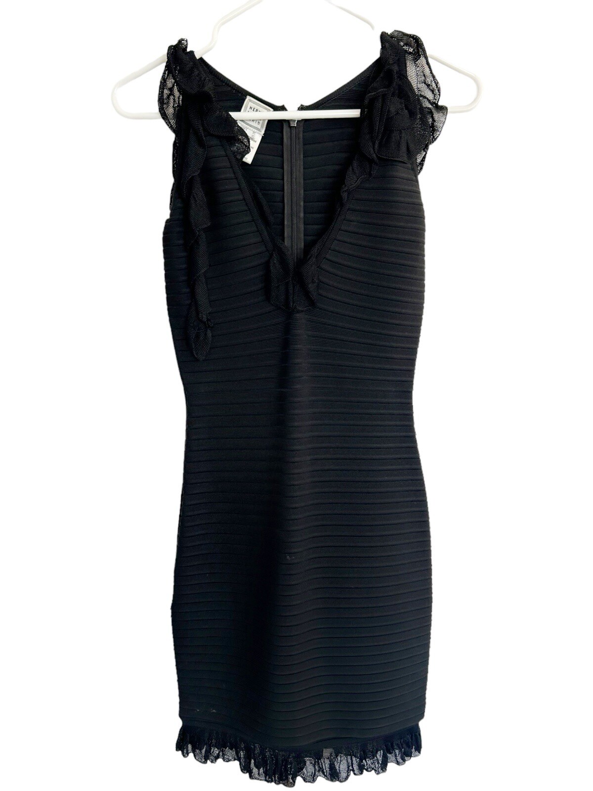 Herve Leger V Neck Bandage Dress Lace Trim Sleeves Solid Black LBD