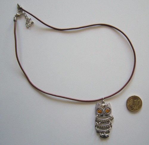 Cordón con colgante búho móvil plata tibetana piel cuero marrón collar 43 cm - Imagen 3 de 5