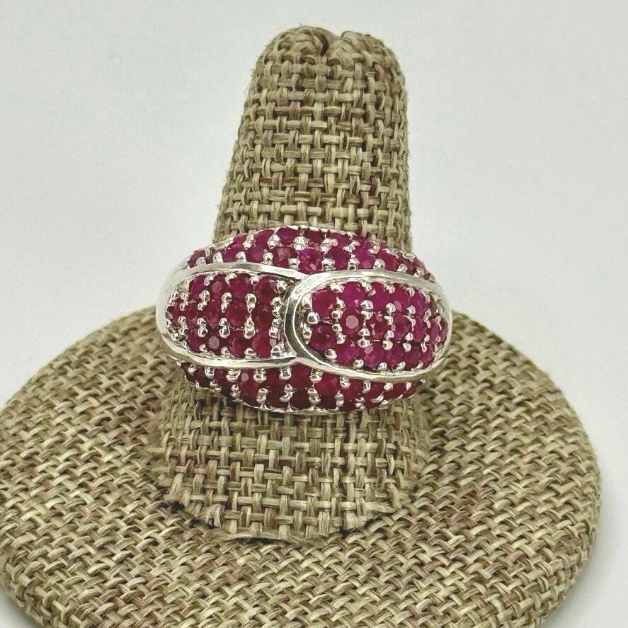 Sterling Silver Pink Stone/ Simulated Ruby Dome R… - image 1