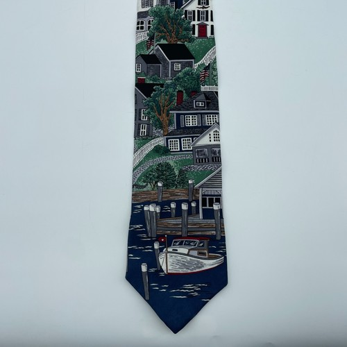 TANGO Silk Tie Americana New England Village Mens 3.75” Graphic Print Workwear - Picture 3 of 7