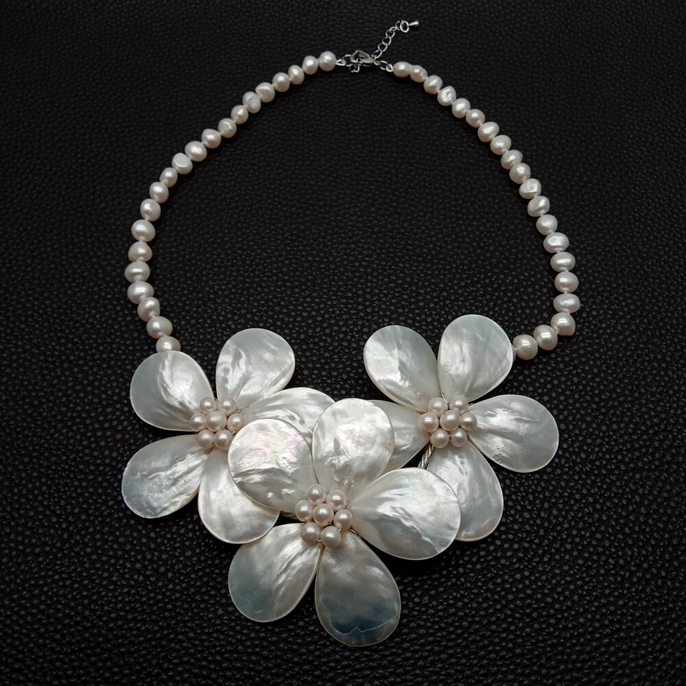 Cultured White Fancy Pearl White Shell Flower Statement