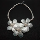 Cultured White Fancy Pearl White Shell Flower Statement Necklace 19"