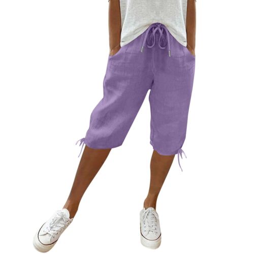 Womens Summer Cotton Linen Baggy Shorts Ladies Comfy Casual Knee Length Pants - Picture 47 of 61