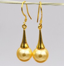 10mm Yellow Freshwater Shell Pearl Round Beads Dangle Gold Plated Hook Earrings