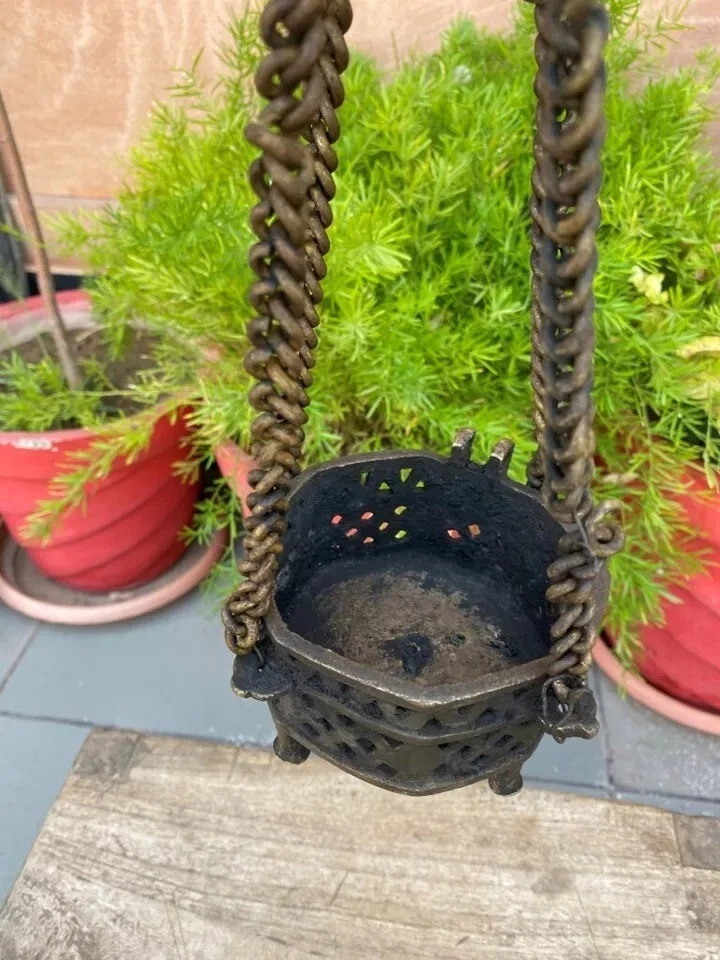 古董老式稀有手工锻造黄铜壁挂油香炉锅 — 第 3/4 张图片