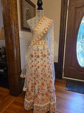 White Floral Embroidered 3 Piece Lengha Choli- Unstiched