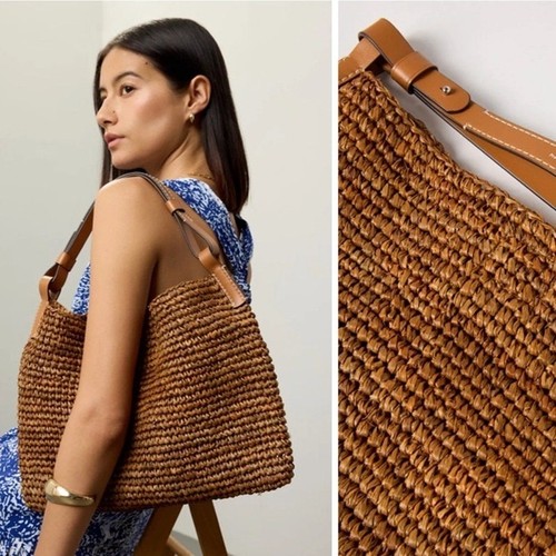 Sac à main fourre-tout bandoulière Proenza Schouler étiquette blanche Minetta marron raphia paille - Photo 2 sur 7