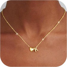 Dainty 14K Gold Plated Heart Initial Necklace for Kids and Teens