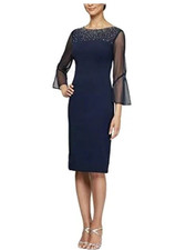 NEW Alex Evenings Missy Navy Sheer Embellished Illusion Dress WOMENS SIZE 16- 18
