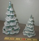Vintage Fenton Set of 2 Glass Christmas Trees Green Iridescent Flocked 6" & 4"