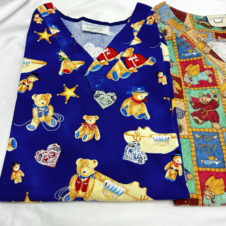 Vintage Scrub Tops Lot of 3 Size M Pockets Easter Bunny Angel Bear Sheriff Bear - Image 2 of 4