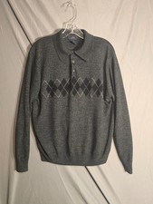 Dockers Mens L/G Long Sleeve Sweater Polo Gray Argyle Knit Acrylic Casual Office
