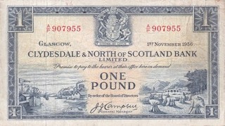 #Clydesdale & North of Scotland Bank 1 Pound 1956 P 191 VF King's College