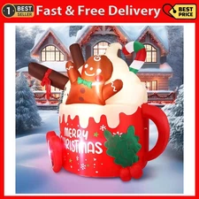 6.5 FT Christmas Inflatables Hot Cocoa Mug with Built-in LEDs Blow Up